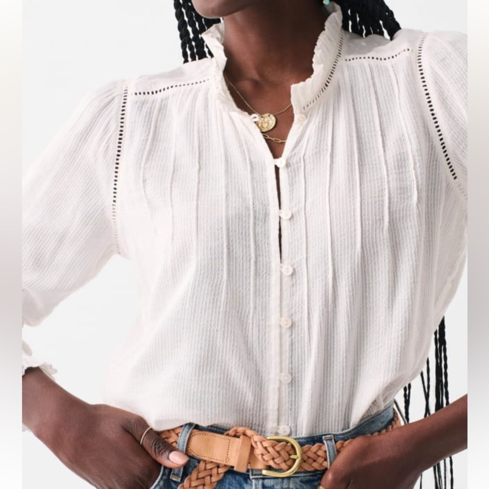 Faherty Cream Ruffled Collar Button-Front Knit Top